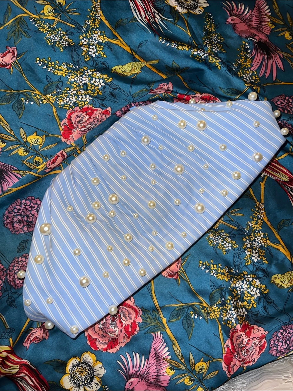 Maeve by Anthropologie Blue Pinstripe and Pearl Clutch